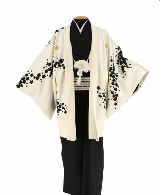 紋付袴レンタル・成人式・結婚式・卒業式|白に黒桜[身長169cm対応]No.308